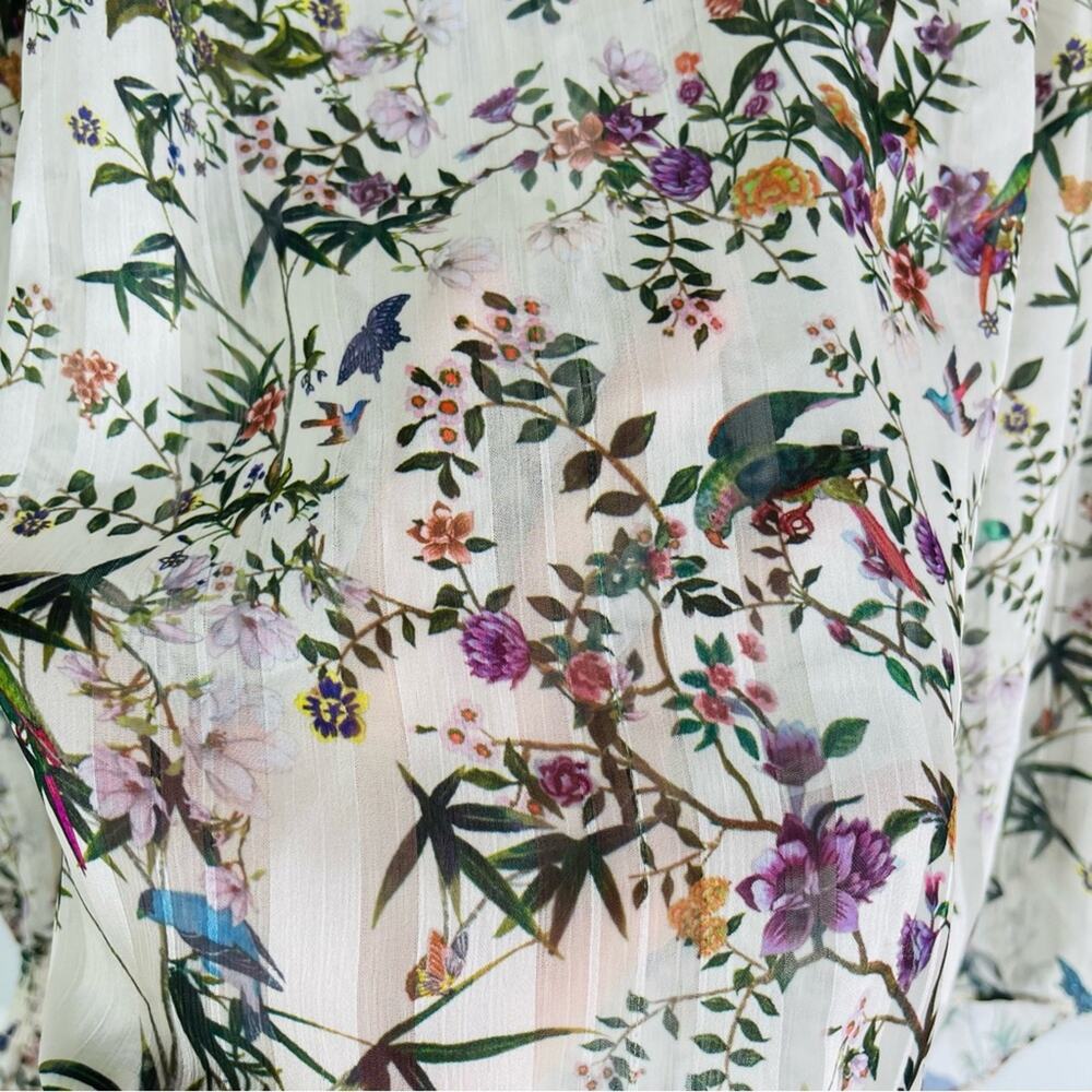 H&M cream green floral bird garden boho ruffle semi sheer top 8 - Picture 7 of 9